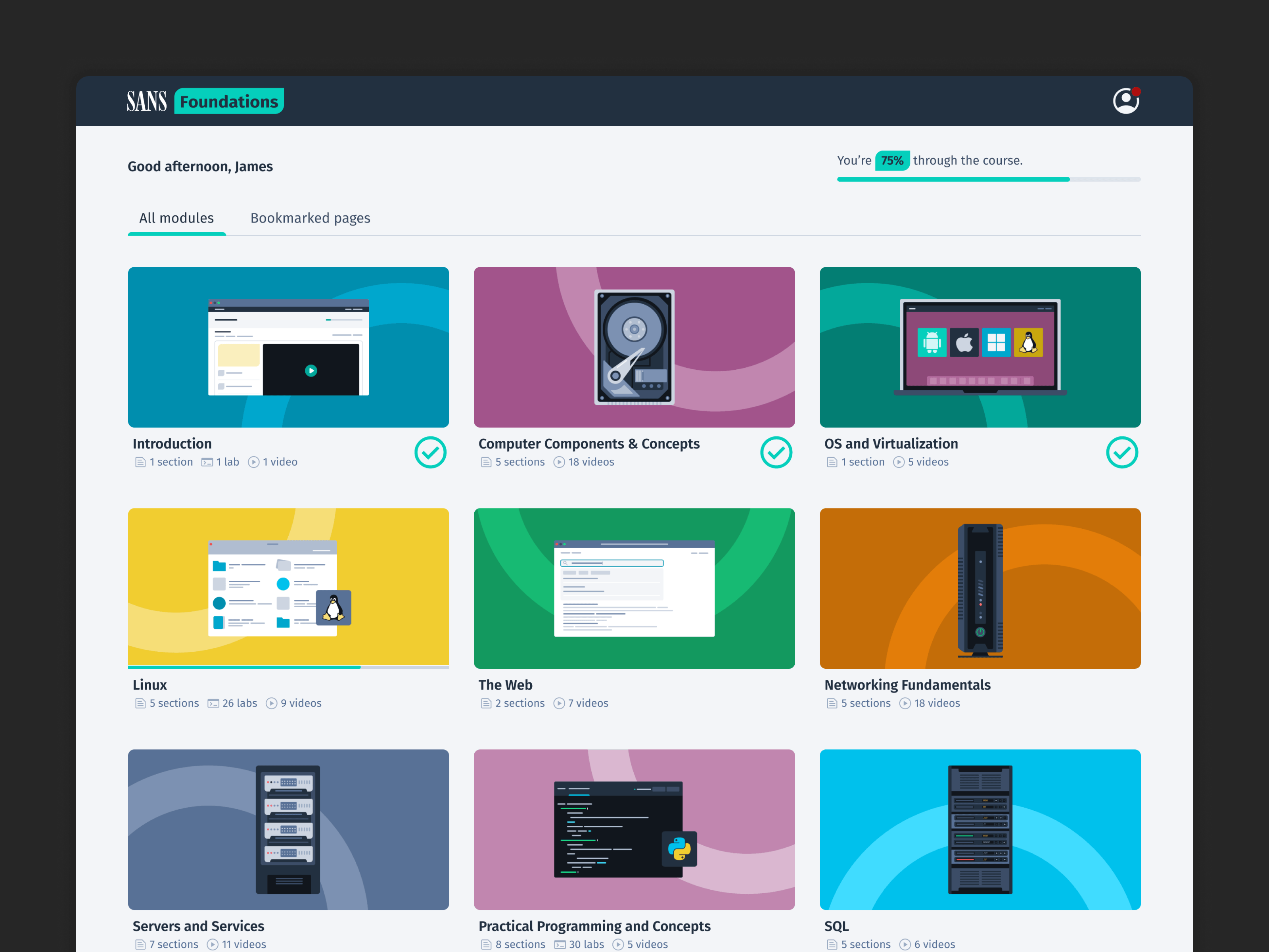 The redesigned course dashboard, showing progress across modules